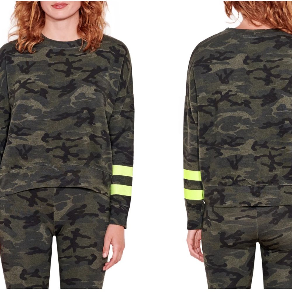 Sundry Stripe Camo Print Sweatshirt and Yoga Pants with Neon Green Stripes